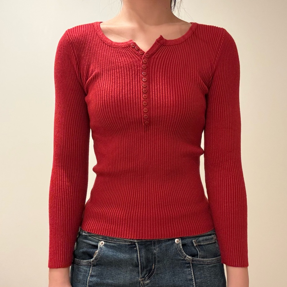 Red henley ribbed button up shirt